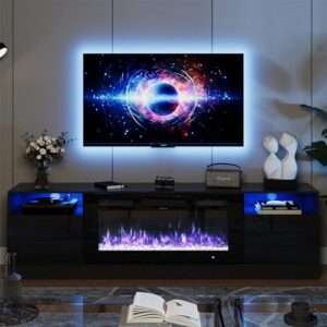 oneinmil Fireplace TV Stand with 36\” Electric Fireplace, LED Light Entertainment Center, Modern Wood Texture Entertainment Stand with Highlight Storage Cabinet for TVs Up to 80\”, 70 inches, Black