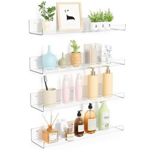 upsimples 4 Pack Acrylic Shelves for Wall Storage, 15\” Floating Bookshelves for Kids, Display Shelf Organizer for Bathroom, Bedroom, Living Room, Kitchen, Room Decor, Clear
