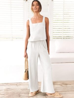 ANRABESS Women's 2 Piece Outfits Linen Pants Jumpsuit Matching Lounge Set Casual Summer Beach Vacation Trendy Clothes - Image 10