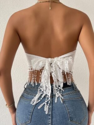 MakeMeChic Women's Boho Crop Tube Top Floral Tie Back Cute Bandana Tops - Image 3