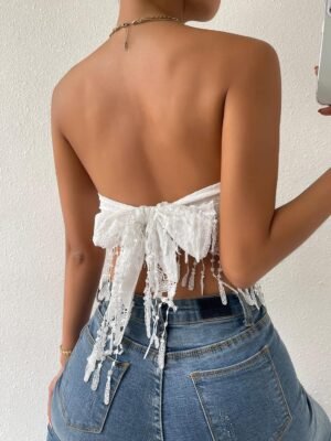MakeMeChic Women's Boho Crop Tube Top Floral Tie Back Cute Bandana Tops - Image 5