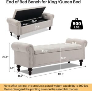 58.1'' Storage Bench Upholstered Linen End of Bedroom Bed Bench Ottoman with Tufted Cushioned Rolled Arm Large Storage Space for Reading Living Room Entryway, Beige - Image 3