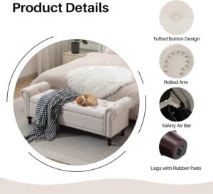 58.1'' Storage Bench Upholstered Linen End of Bedroom Bed Bench Ottoman with Tufted Cushioned Rolled Arm Large Storage Space for Reading Living Room Entryway, Beige - Image 5