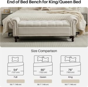 58.1'' Storage Bench Upholstered Linen End of Bedroom Bed Bench Ottoman with Tufted Cushioned Rolled Arm Large Storage Space for Reading Living Room Entryway, Beige - Image 6