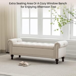 58.1'' Storage Bench Upholstered Linen End of Bedroom Bed Bench Ottoman with Tufted Cushioned Rolled Arm Large Storage Space for Reading Living Room Entryway, Beige - Image 7