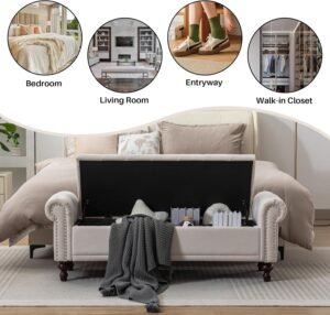 58.1'' Storage Bench Upholstered Linen End of Bedroom Bed Bench Ottoman with Tufted Cushioned Rolled Arm Large Storage Space for Reading Living Room Entryway, Beige - Image 8