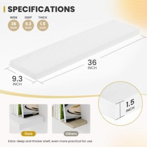 36 Inch Floating Shelves, 9.3" Deep Floating Shelf Wall Mounted, 36" Wall Shelves, Rustic Deep Bookshelf, Large Display Shelves & Storage Shelves for Bedroom, Living Room, White, Set of 2 - Image 4