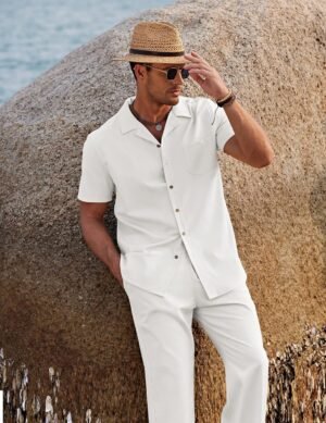 COOFANDY Men 2 Piece Linen Outfit Beach Button Down Shirt Casual Loose Pant Sets - Image 3