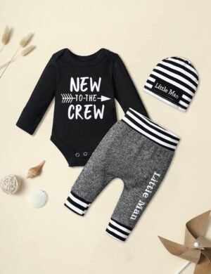 Fommy Newborn Baby Boy Clothes New to The Crew Letter Print Romper+ Pants+Hat 3PCS Outfit - Image 5