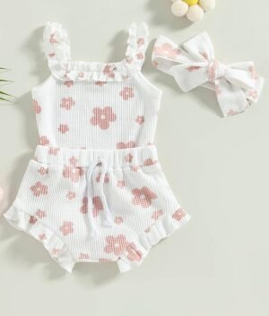 Newborn Infant Baby Girl Summer Clothes Outfits Set Floral Print Romper Tops Drawstring Short Headband Clothes Set - Image 3