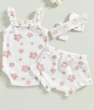 Newborn Infant Baby Girl Summer Clothes Outfits Set Floral Print Romper Tops Drawstring Short Headband Clothes Set - Image 4