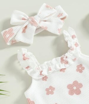 Newborn Infant Baby Girl Summer Clothes Outfits Set Floral Print Romper Tops Drawstring Short Headband Clothes Set - Image 6
