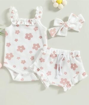 Newborn Infant Baby Girl Summer Clothes Outfits Set Floral Print Romper Tops Drawstring Short Headband Clothes Set - Image 9