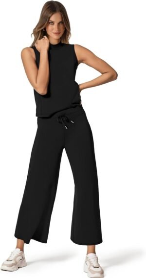 SAMPEEL Two Piece Sets for Women Summer Outfits Lounge Sets Mock Neck Tops Wide Leg Crop Pants Vacation Travel Outfits - Image 3
