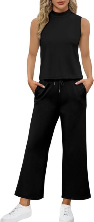SAMPEEL Two Piece Sets for Women Summer Outfits Lounge Sets Mock Neck Tops Wide Leg Crop Pants Vacation Travel Outfits - Image 4
