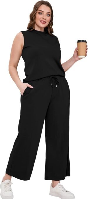 SAMPEEL Two Piece Sets for Women Summer Outfits Lounge Sets Mock Neck Tops Wide Leg Crop Pants Vacation Travel Outfits - Image 5