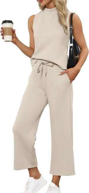 SAMPEEL Two Piece Sets for Women Summer Outfits Lounge Sets Mock Neck Tops Wide Leg Crop Pants Vacation Travel Outfits - Image 2