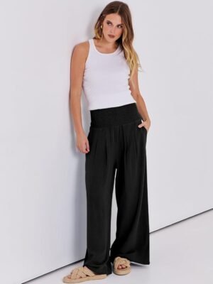 ANRABESS Women Linen Palazzo Pants Summer Boho Wide Leg High Waist Casual Lounge Pant 2025 Beach Travel Vacation Outfits - Image 7