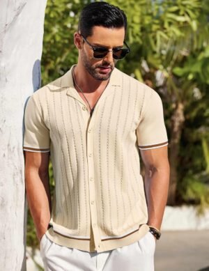 COOFANDY Men's Short Sleeve Knit Shirt Casual Button Down Shirt Vintage Striped Knitted Golf Beach Tops - Image 4