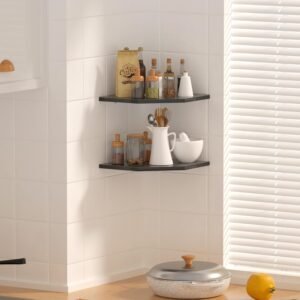 JJL Corner Shelves, 12 Inch Corner Shelf Wall Mounted with Wire Hole, 2 Tier 13.3 Inch Deep Wooden Corner Hanging Shelving for Wall Storage, for Speaker, Cable Box, Black - Image 3