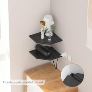 JJL Corner Shelves, 12 Inch Corner Shelf Wall Mounted with Wire Hole, 2 Tier 13.3 Inch Deep Wooden Corner Hanging Shelving for Wall Storage, for Speaker, Cable Box, Black - Image 5