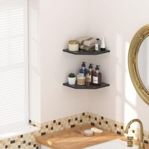 JJL Corner Shelves, 12 Inch Corner Shelf Wall Mounted with Wire Hole, 2 Tier 13.3 Inch Deep Wooden Corner Hanging Shelving for Wall Storage, for Speaker, Cable Box, Black - Image 6