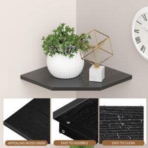 JJL Corner Shelves, 12 Inch Corner Shelf Wall Mounted with Wire Hole, 2 Tier 13.3 Inch Deep Wooden Corner Hanging Shelving for Wall Storage, for Speaker, Cable Box, Black - Image 7