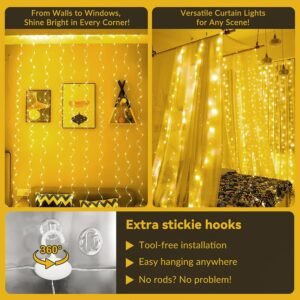 HXWEIYE 300LED Fairy Curtain Lights, 9.8x9.8Ft Warm White USB Plug in 8 Modes Christmas String Hanging Lights with Remote for Bedroom, Indoor, Outdoor, Weddings, Party - Image 3
