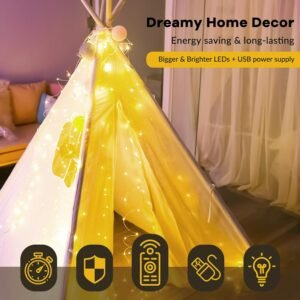 HXWEIYE 300LED Fairy Curtain Lights, 9.8x9.8Ft Warm White USB Plug in 8 Modes Christmas String Hanging Lights with Remote for Bedroom, Indoor, Outdoor, Weddings, Party - Image 7