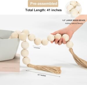 OMISHE Extra Large Wood Bead Garland with 1.6" Diameter Wooden Beads and Tassels, 41" Long Rustic Farmhouse Country Decorative Beads for Home Tiered Tray Decor, Natural Beige - Image 3