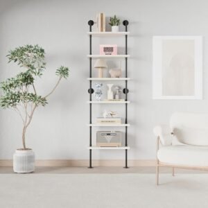 Industrial Ladder Pipe Shelves, Wall Mounted Wood Metal Rustic Bookshelf for Living Room (White, 6 Tier - 10" D x 24" W x 82.5" H) - Image 5