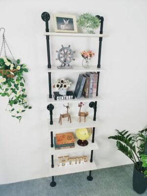 Industrial Ladder Pipe Shelves, Wall Mounted Wood Metal Rustic Bookshelf for Living Room (White, 6 Tier - 10" D x 24" W x 82.5" H) - Image 9
