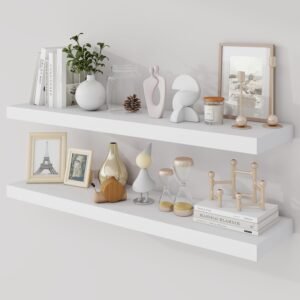 36 Inch Floating Shelves, 9.3" Deep Floating Shelf Wall Mounted, 36" Wall Shelves, Rustic Deep Bookshelf, Large Display Shelves & Storage Shelves for Bedroom, Living Room, White, Set of 2 - Image 2