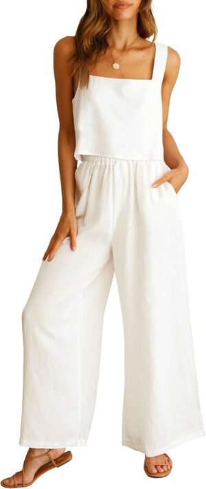 ANRABESS Women's 2 Piece Outfits Linen Pants Jumpsuit Matching Lounge Set Casual Summer Beach Vacation Trendy Clothes - Image 2
