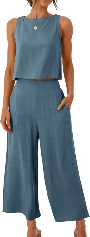 ANRABESS Women's Summer 2 Piece Outfits Sleeveless Crop Top Capri Wide Leg Pants Jumpsuit Linen Lounge Beach Travel Sets - Image 2