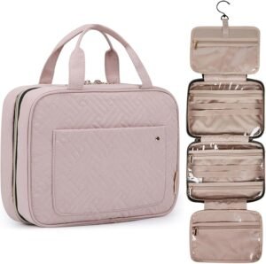 BAGSMART Toiletry Bag Travel Bag with Hanging Hook, Water-resistant Makeup Cosmetic Bag Travel Organizer for Accessories, Shampoo, Full-size Container, Toiletries (Baby Pink, Medium) - Image 2