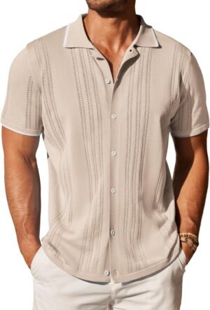 COOFANDY Men's Knit Button Down Shirt Vintage Short Sleeve Polo Shirts Casual Beach Tops - Image 2