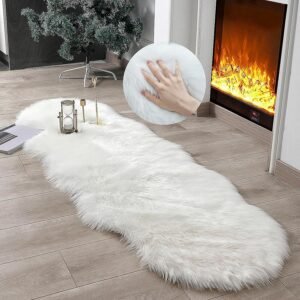 Faux Fur Rug Sheepskin Shag Fluffy Fuzzy White 2x6 ft Runner Rugs for Bedroom Bedside Bed Floor Living Room Plush High-Density Cushion Carpet Super Sofa Cover - Image 2