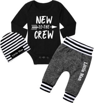 Fommy Newborn Baby Boy Clothes New to The Crew Letter Print Romper+ Pants+Hat 3PCS Outfit - Image 2