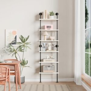 Industrial Ladder Pipe Shelves, Wall Mounted Wood Metal Rustic Bookshelf for Living Room (White, 6 Tier - 10" D x 24" W x 82.5" H) - Image 2