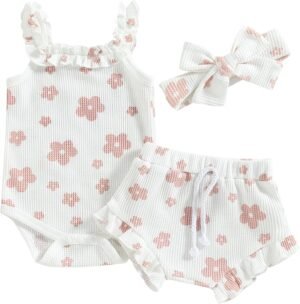 Newborn Infant Baby Girl Summer Clothes Outfits Set Floral Print Romper Tops Drawstring Short Headband Clothes Set - Image 2