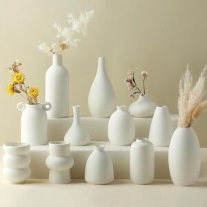 Set of 12 White Ceramic Vase for Pampas Grass Flowers, Japandi Small Vases in Bulk for Wedding Centerpieces, Shelf and Table Decorations, Living Room and Bedroom Decor, DIY Gift - Image 2