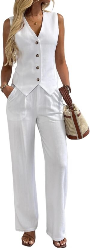 Women's 2 Piece Outfits Linen Vest Waistcoat Dressy Casual Sets Wide Leg Pants Suits - Image 2