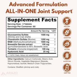 Arazo Nutrition Glucosamine Chondroitin Turmeric Msm Boswellia - Joint Support Supplement for Relief 180 Tablets for Bones, Back, Knees, Hands (180 Tablets) - Image 3