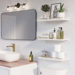 WOPITUES Floating Shelves with Gold Metal Guardrail, Shelves for Wall Decor Set of 3, Wall Shelves for Bedroom, Bathroom, Kitchen, Living Room, Plants, Picture Frames, Art- White and Gold - Image 3