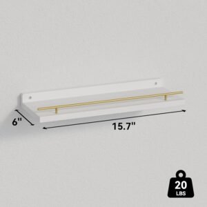 WOPITUES Floating Shelves with Gold Metal Guardrail, Shelves for Wall Decor Set of 3, Wall Shelves for Bedroom, Bathroom, Kitchen, Living Room, Plants, Picture Frames, Art- White and Gold - Image 4