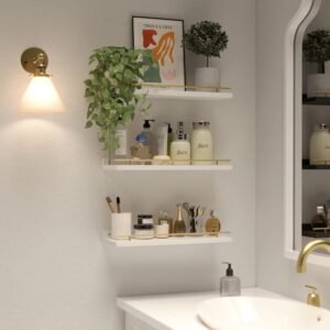 WOPITUES Floating Shelves with Gold Metal Guardrail, Shelves for Wall Decor Set of 3, Wall Shelves for Bedroom, Bathroom, Kitchen, Living Room, Plants, Picture Frames, Art- White and Gold - Image 5