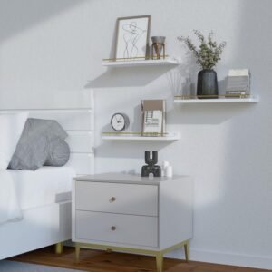 WOPITUES Floating Shelves with Gold Metal Guardrail, Shelves for Wall Decor Set of 3, Wall Shelves for Bedroom, Bathroom, Kitchen, Living Room, Plants, Picture Frames, Art- White and Gold - Image 9