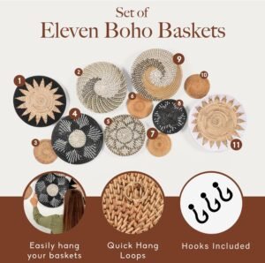 Boho Wall Basket Decor - Set of 11 Hanging Wall Boho Baskets, Handcrafted Woven, Rattan, and Wicker Wall Decor with Included Hooks, Boho Wall Art - Image 3