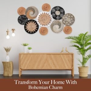 Boho Wall Basket Decor - Set of 11 Hanging Wall Boho Baskets, Handcrafted Woven, Rattan, and Wicker Wall Decor with Included Hooks, Boho Wall Art - Image 9